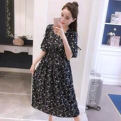 【新品未使用】2XL ロングワンピース 春夏 半袖 小花柄 綿麻 着瘦せ マタニティ ネイビーの画像