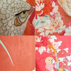 訪問着 アンティーク 昔きもの 袷 バチ衿 一つ紋 正絹 箔 孔雀に花々文様 刺繍 オレンジ色 仕立て上がり着物 レトロ 大正ロマン 身丈155cm 【キモノオフ野々市若松店】の画像