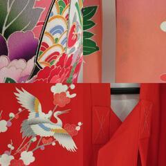 子供着物 女の子用 一つ身 襦袢とセット 赤ピンク色 花籠に鶴文様