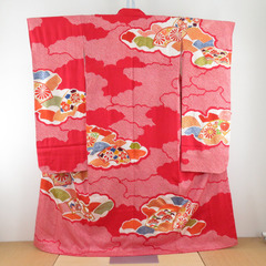 振袖 正絹 赤色ｘ白色ｘ多色 刺繍入り 金銀コマ 絞り 扇面に花...