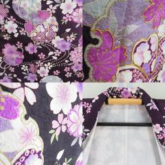 振袖 正絹 紫色xピンク色 金コマ 桜に手毬紋様 襦袢付き 袷 広衿 成人式 卒業式 舞台衣装 フォーマル 仕立上り 着物 身丈158cm 【キモノオフ野々市若松店】の画像