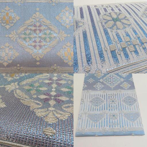 袋帯　格子模様　花菱　モール　金糸　銀糸　着物　084a p 袋帯 格子模様 花菱 モール 金糸 銀糸 着物 084a p