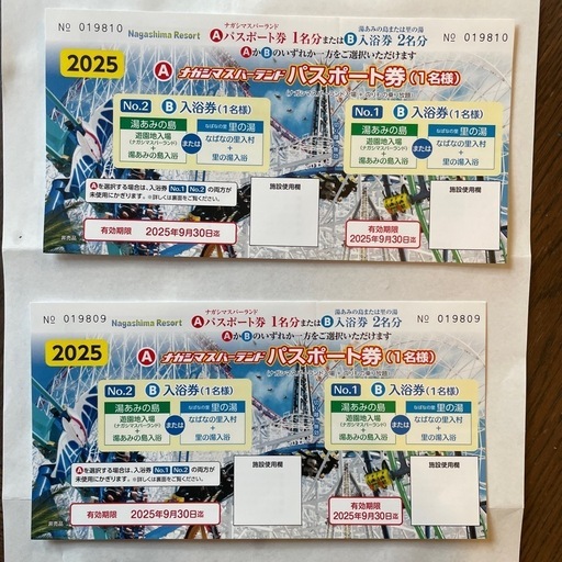 ナガシマスパーランド　パスポート券　2枚 ナガシマリゾート\n