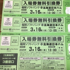 3/16(金)ソフトバンクホークスVS日本ハム　指定席引換券3枚