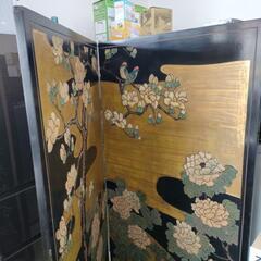 月落烏啼霜満天 木製衝立 折りたたみ式 2面 2連 間仕切り パーテーション 高さ143cm x81.5cm 展開163cmの画像