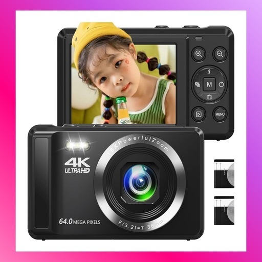 【大特価】デジカメ 4K 6400万画素 30FPS デジタルカメラ AFオートフォーカス 笑顔検出 16Xデジタルズーム 2.4インチ IPS スクリーン