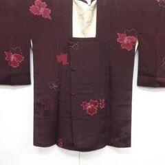 道行　コート　赤紫　花　抽象　ボルドー　