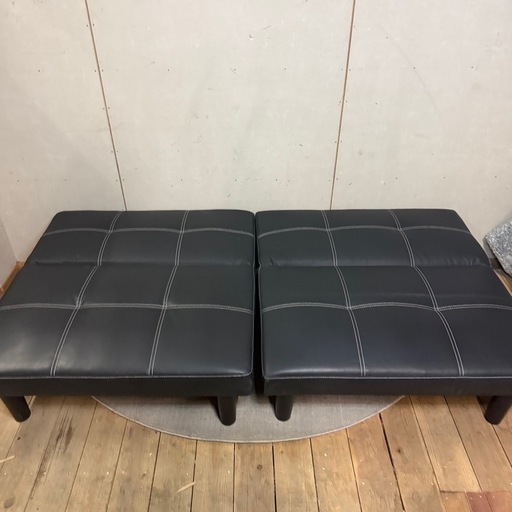 【675】【美品】萩原　黒　合成皮　 2人掛けソファ（1人掛×2）