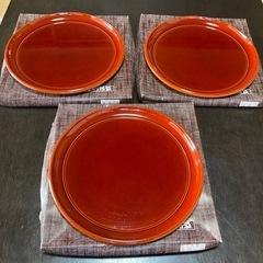 【新品未使用】【3枚セット】春慶塗り　9寸丸盆　27cm 朱塗り　お盆　箱付きの画像