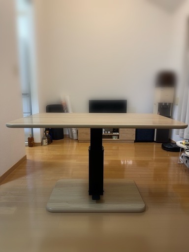 成約済【美品】昇降テーブル 高さ54.5cm〜70.5cm 幅120cm 昇降式テーブル ダイニング テーブル 脚 無段階 一本脚 高さ調節 伸縮 センターテーブル 木製 リビングテーブル ソファテーブル リフティングテーブル