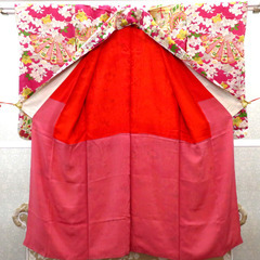 小紋 昔 アンティーク 昔着物 ピンク 白 グレー 黄 青 御所車 檜扇 花 雲取 広衿 正絹 昔きもの レトロ 明治・大正ロマン カジュアル 【キモノオフ野々市若松店】の画像