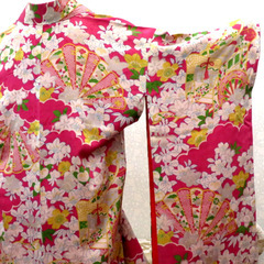 小紋 昔 アンティーク 昔着物 ピンク 白 グレー 黄 青 御所車 檜扇 花 雲取 広衿 正絹 昔きもの レトロ 明治・大正ロマン カジュアル 【キモノオフ野々市若松店】の画像