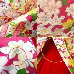 小紋 昔 アンティーク 昔着物 ピンク 白 グレー 黄 青 御所車 檜扇 花 雲取 広衿 正絹 昔きもの レトロ 明治・大正ロマン カジュアル 【キモノオフ野々市若松店】の画像