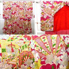 小紋 昔 アンティーク 昔着物 ピンク 白 グレー 黄 青 御所車 檜扇 花 雲取 広衿 正絹 昔きもの レトロ 明治・大正ロマン カジュアル 【キモノオフ野々市若松店】の画像