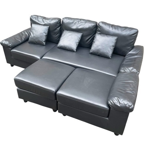 ソファ カウチ レザー ブラック 黒 3人掛け クッション オットマン付き