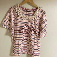 ESTACOT ストライプ レース襟 Tシャツ