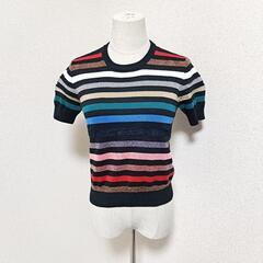 ジルスチュアート クルーネック半袖ニット トップス ボーダー ブラック M レディースの画像