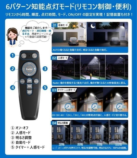 【決まりました】LEDソーラーライト 10000LM センサーライト 防犯灯　常夜灯　リモコン付