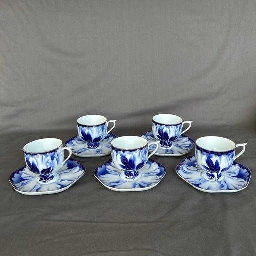美品！深川製磁 牡丹金ミル ペアコーヒー碗皿 5客