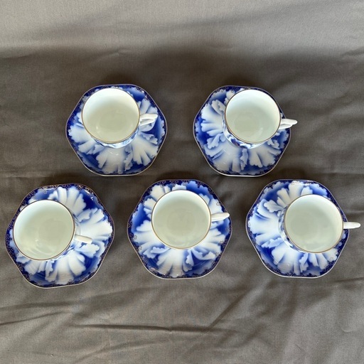 美品！深川製磁 牡丹金ミル ペアコーヒー碗皿 5客
