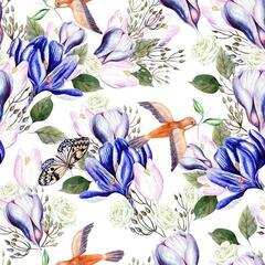 【新品】壁紙シール 花柄 リメイクシート 白地 水彩 花鳥蝶 アイリス 可愛い クロスの画像