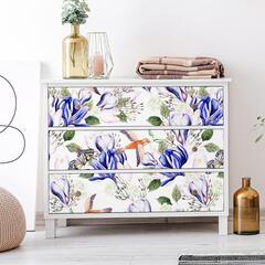 【新品】壁紙シール 花柄 リメイクシート 白地 水彩 花鳥蝶 アイリス 可愛い クロスの画像