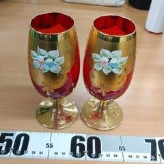0312-091 ベネチアングラス　ペアワイングラス　金彩　花模様