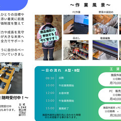 〇高い工賃水準、多様な仕事内容〇ネットショップ運営、営業代行、動画編集、野菜の袋詰めなど色々な作業あります。の画像