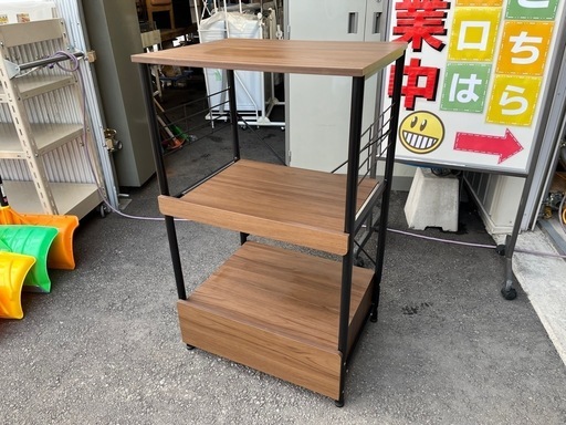 木製 レンジラック　キッチンボード レンジ台 木目調 ブラックスチールフレーム 中段炊飯器台 引出し1杯 W598 D455 H1000 中古品 ④