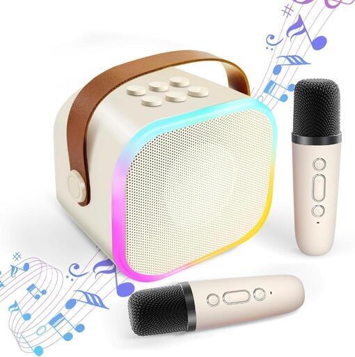 【ラスト1点早いもの勝ち！新品】カラオケセット 家庭用 Bluetooth 無線マイク 2本 スピーカ ベージュ