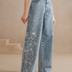 デニム　花柄刺繍　M