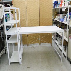 【恵庭】①ラック付きデスク　机　デスク　収納棚　ホワイト　中古品...