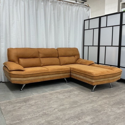 KC-28【新入荷　リサイクル品】レザーテックスファブリック　カウチソファ2点セット　ブラウン系