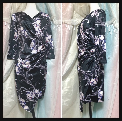 ꒰FEIMAN꒱花柄 カシュクール ワンピース アシンメトリー ドレス 紺色