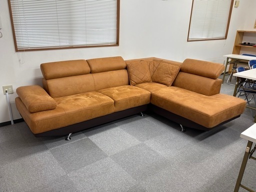 
【ワイドカウチソファ】ファブリックテックレザー　キャメル