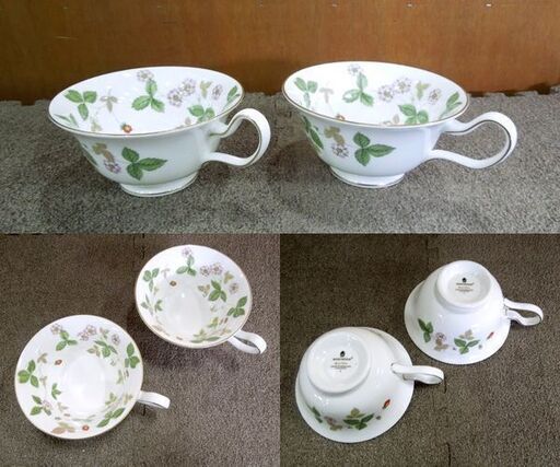 ① WEDGWOOD WILD STRAWBERRY ボーンチャイナ カップ＆ソーサー 2客 小皿2枚 計6点セット 金彩 洋食器 ウ