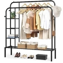 JOISCOPE ダブルロッド金属製ハンガーラック、収納棚付き、...