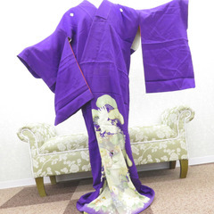 色留袖 両褄 昔 アンティーク 昔着物 紫 白 多色 貝桶 鶴 ...
