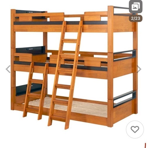 三段ベッド 木製 コンセント すのこ はしご、マットレス
付き