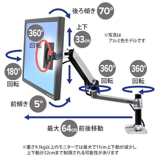ERGOTRON エルゴトロン LX デスク モニターアーム マットブラック 34インチ(3.2~11.3kg)まで