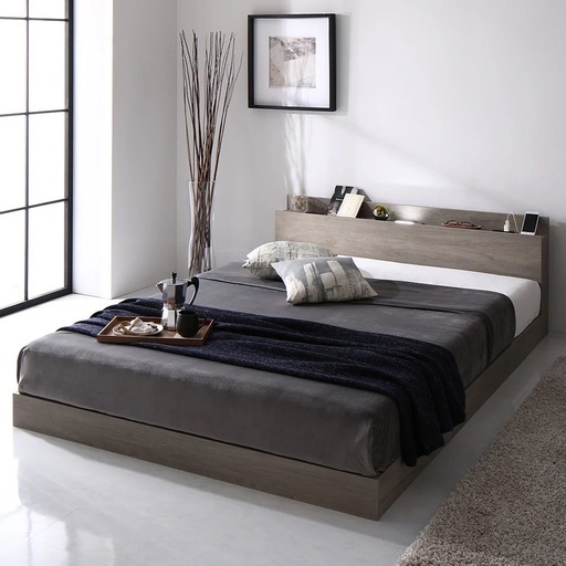 【定価19,980円】rasik　LED照明＆棚付きローベッド 『Famite ファミーテ』グレージュ