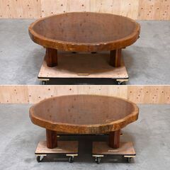 ≪yt1866ジ≫ 座卓 年輪テーブル 素材不明 欅材? 直径約125cm-130cm 重量93kg 一枚板/輪切り/昭和レトロ/古民家/座敷/リビング/中古家具/宮城県仙台市 70303-18 の画像