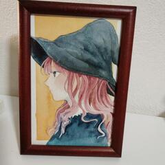 魔女コスプレ　直筆イラスト　直筆サイン入　葉書サイズ　額縁入