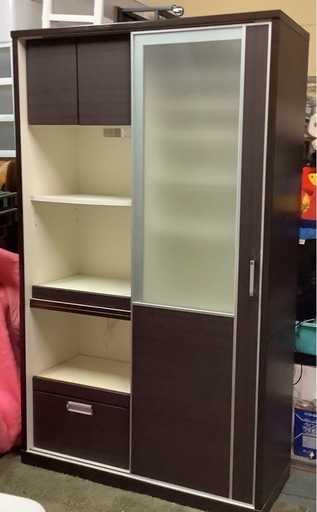 【リサイクルサービス八光】幅120㎝　ニトリ　スライドドア　大型食器棚　ダークブラウン