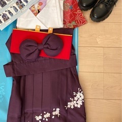 袴セット　150cm　簡単着付け　上衣　袴スカート　長襦袢　ブーツ　帯枕付き袴下帯　紅桃着物✖️本紫袴の画像