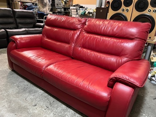 ニトリ 本革 レザー 3人掛け ソファ N J2806 (KD) RE レッド 背もたれの外れるジョイントタイプ 中古美品 ④