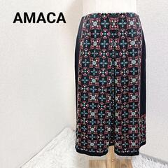 AMACA アマカ 美品 フレアスカート ひざ丈 花柄 ブラック...