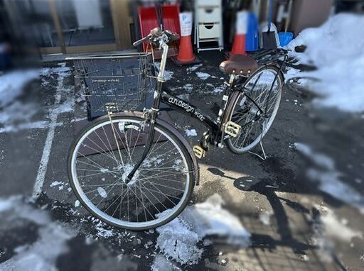 a.n.design works 自転車 27インチ 3段変速 ブラック×ブラウン カゴ付き 鍵付き 荷台付き オートライト シティサイクル ママチャリ  札幌市 白石区 東札幌