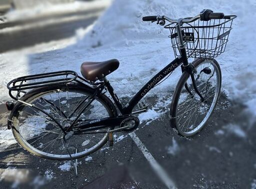 a.n.design works 自転車 27インチ 3段変速 ブラック×ブラウン カゴ付き 鍵付き 荷台付き オートライト シティサイクル ママチャリ  札幌市 白石区 東札幌