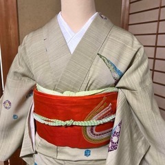 正絹縮緬ろうけつ染小紋　正絹帯付き　4点フルセット裄66
